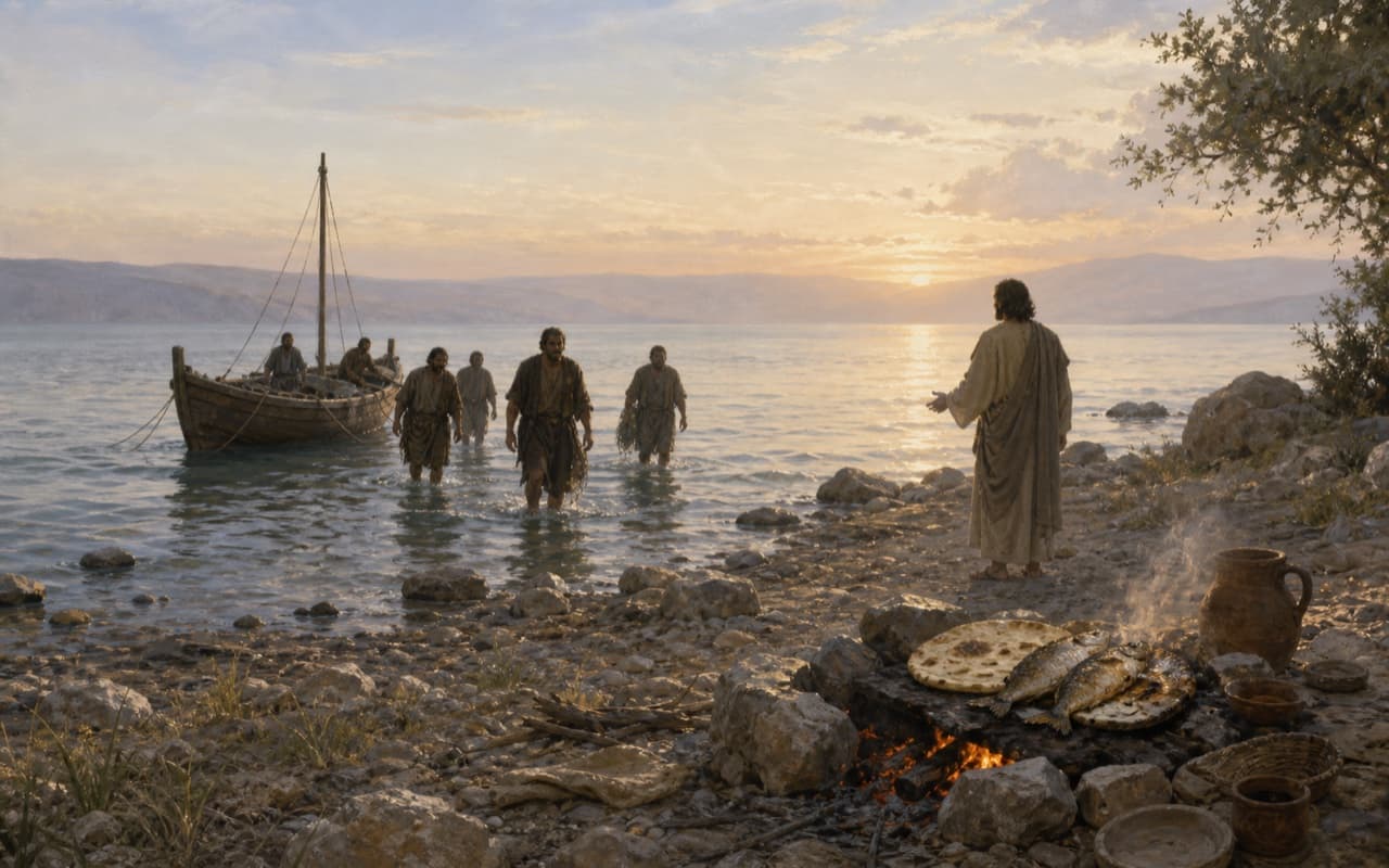 Fishermen come ashore at dawn toward a simple breakfast beside the Sea of Galilee