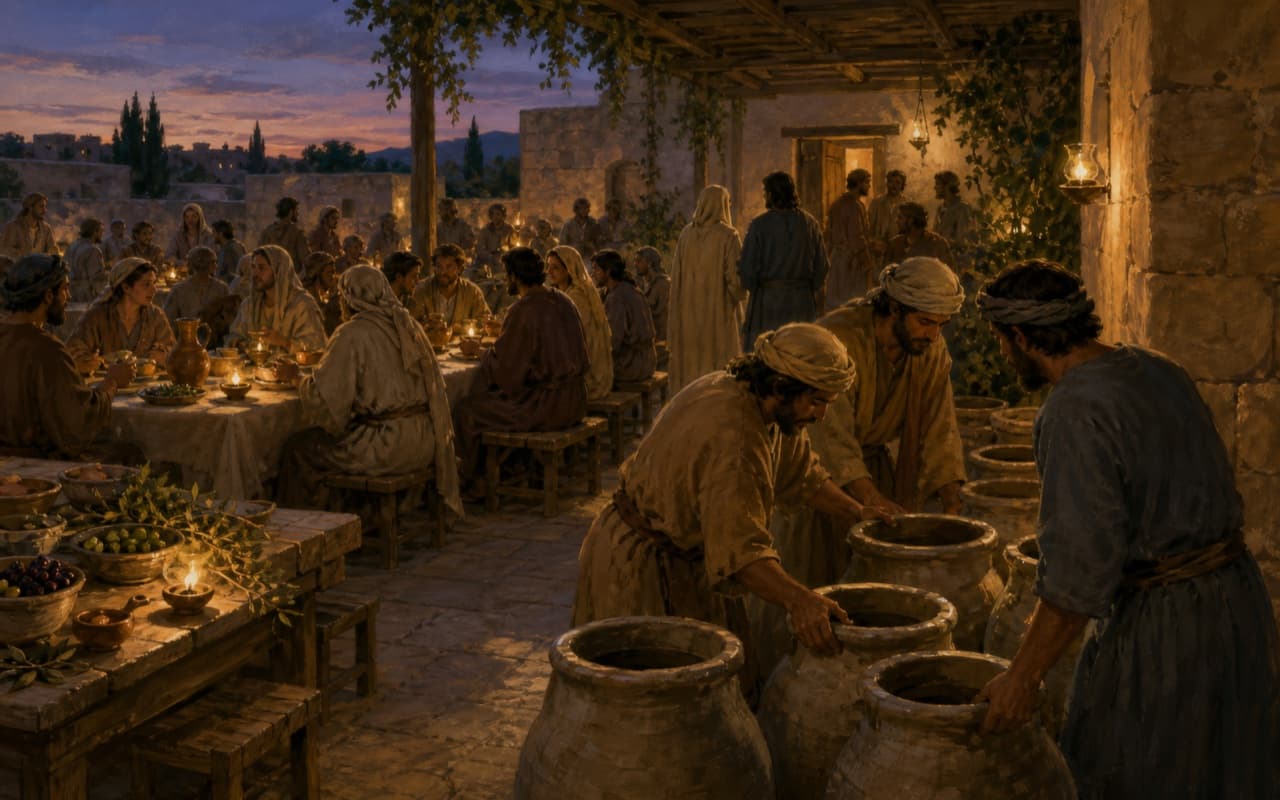 Guests and attendants gather around stone jars at a first-century Galilean wedding