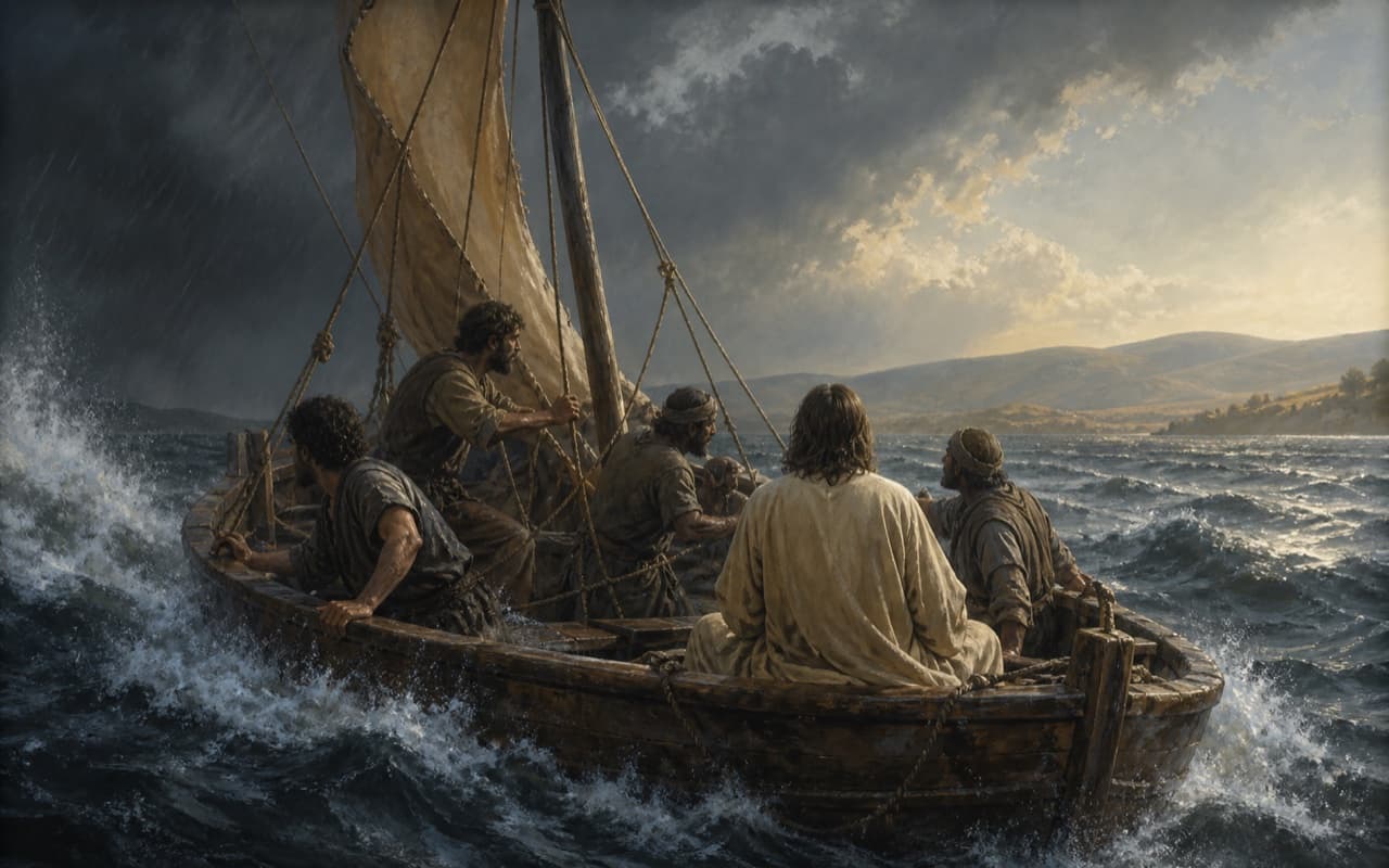 A first-century Galilean fishing boat carrying passengers through a sudden storm on the lake