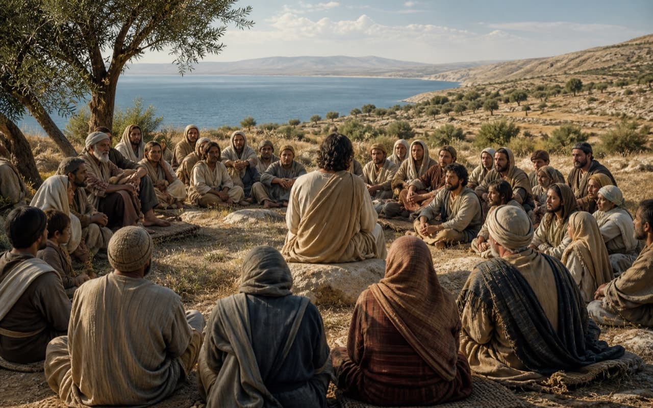 A first-century Galilean crowd listening to a teacher on a hillside above the lake
