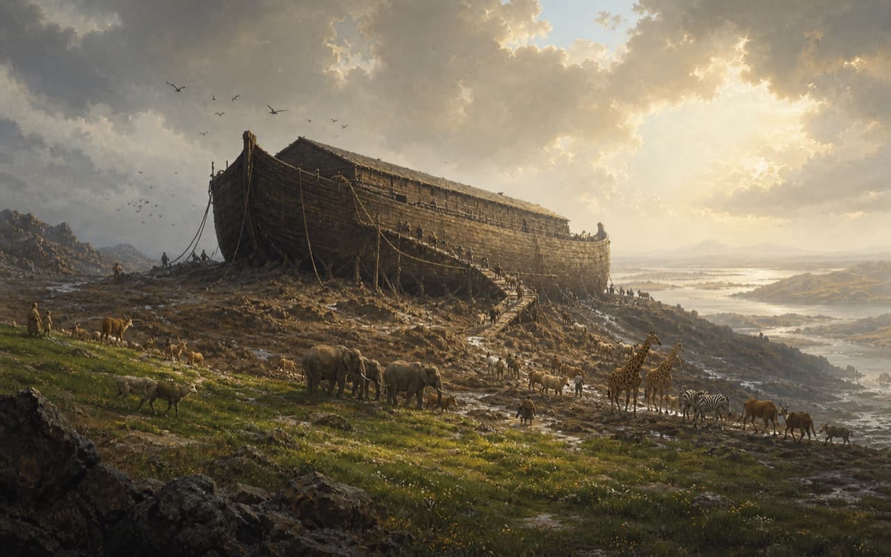 An interpretive ancient timber ark resting above receding floodwaters as animals reach new ground