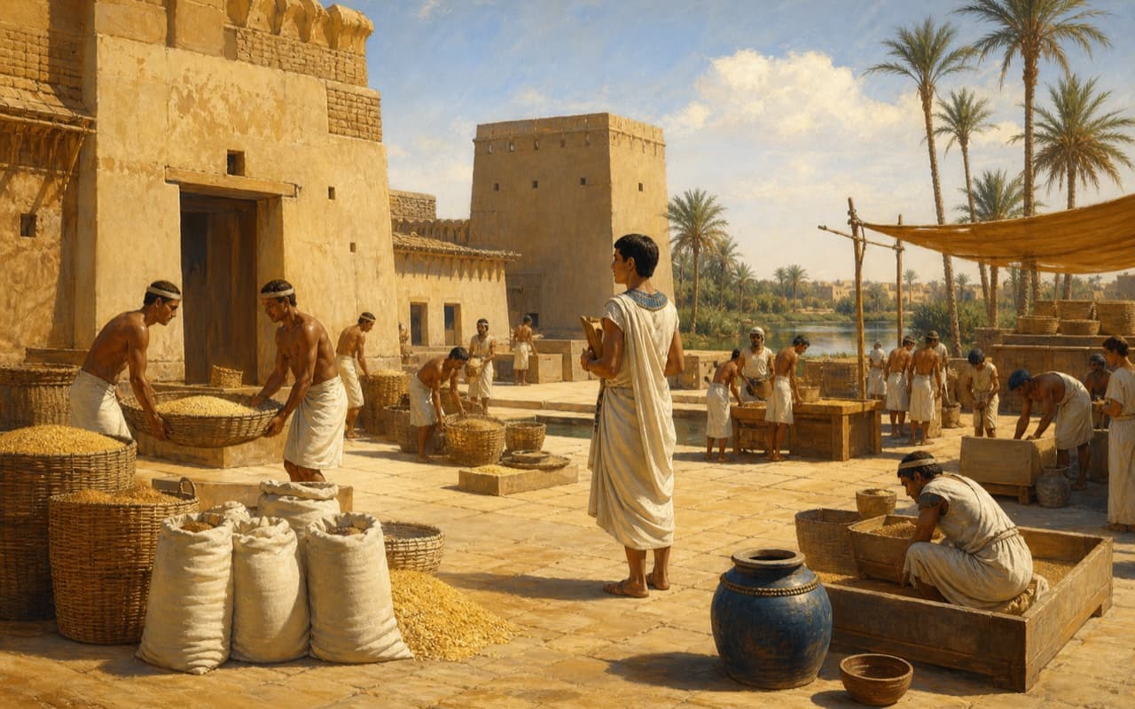 An ancient Egyptian grain courtyard where workers organize a harvest for future provision