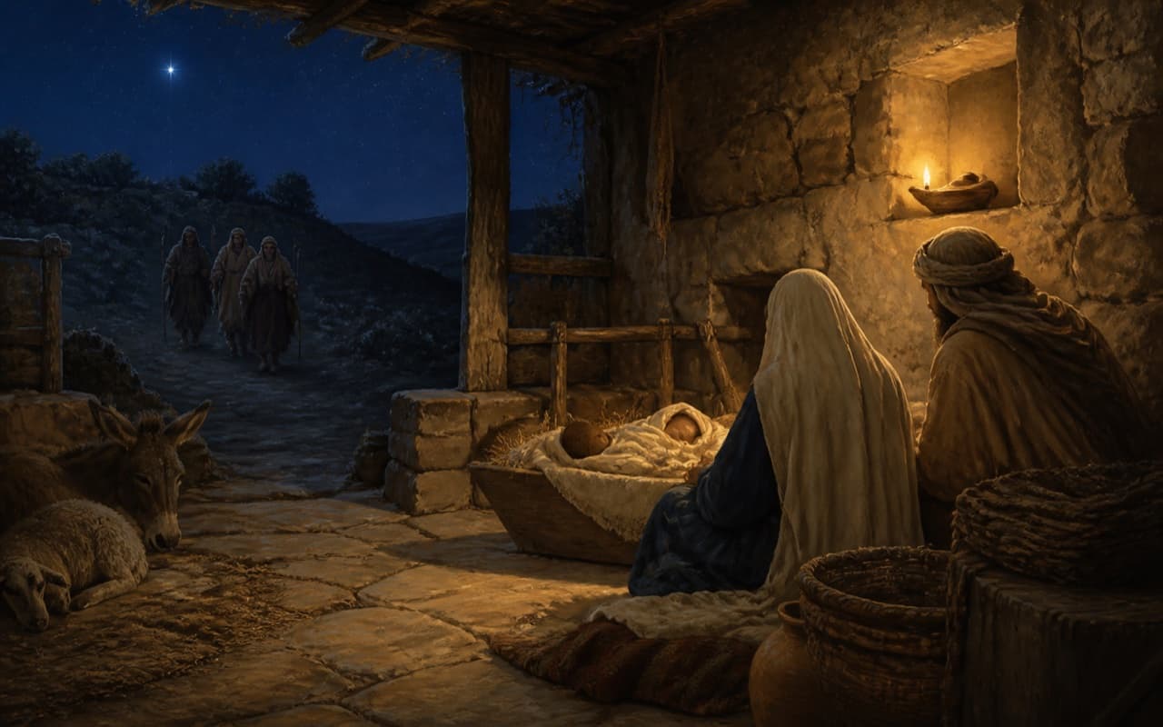 A family rests with a newborn in a humble first-century Judean shelter as shepherds approach