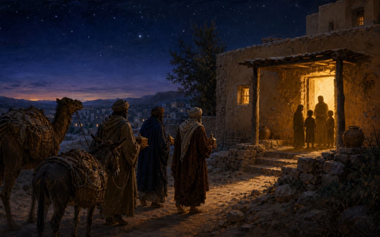 Travelers bearing gifts arrive at a modest Judean village home under a natural night sky